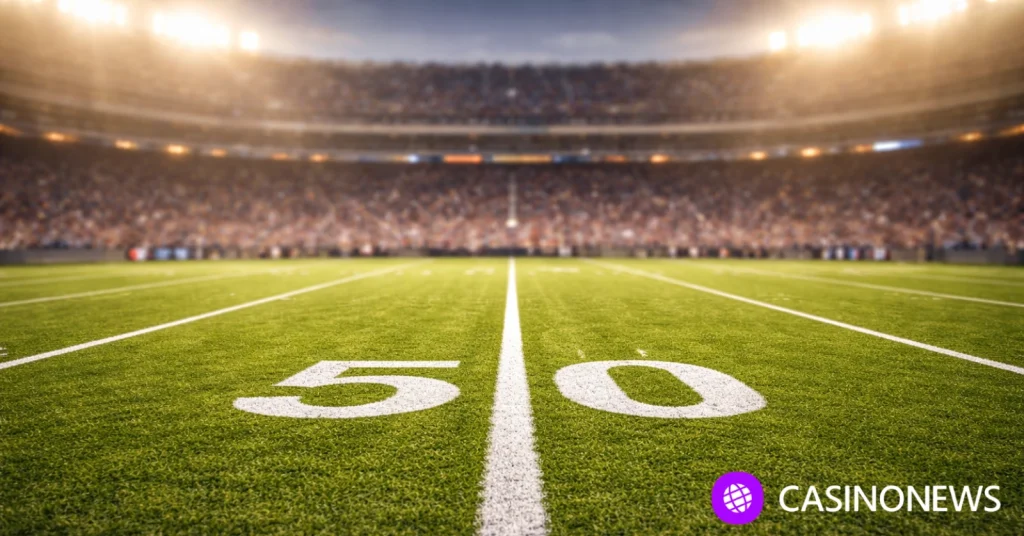 American football field at midfield under stadium lights, illustrating the legal challenge to high-speed microbetting products in U.S. sports betting.
