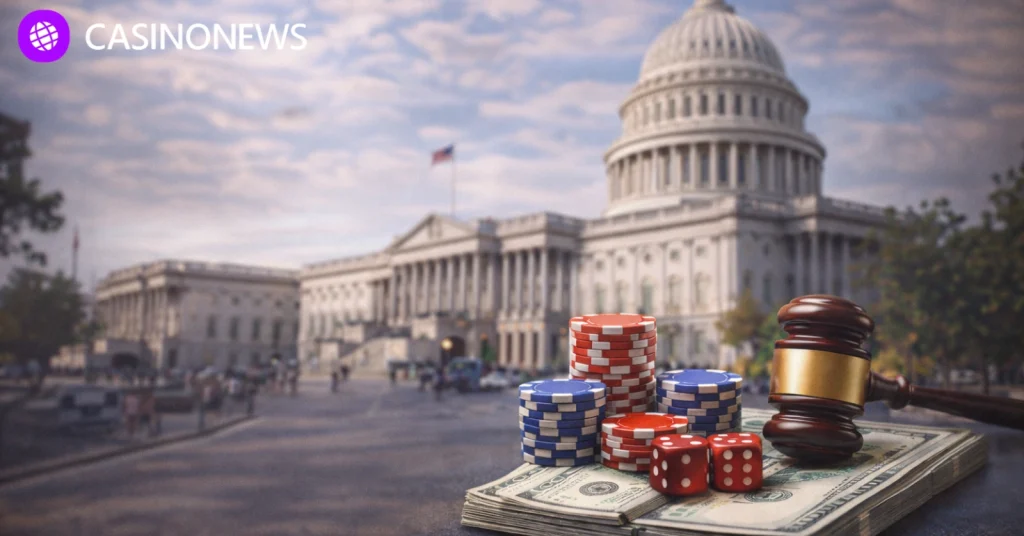 U.S. Capitol building in Washington, D.C., with foreground elements symbolizing gambling taxation and federal oversight