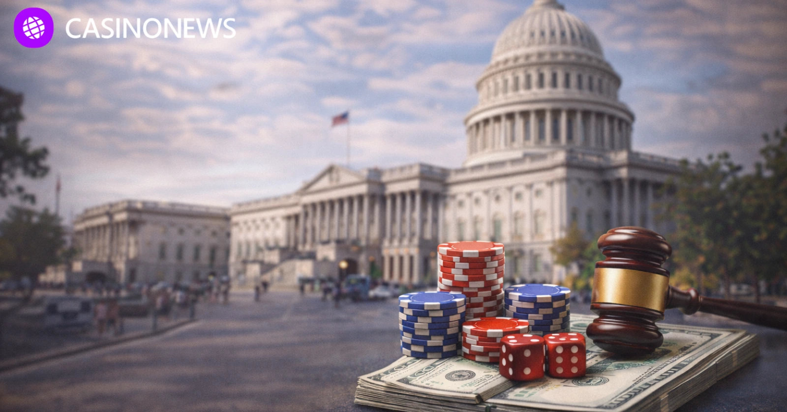 U.S. Capitol building in Washington, D.C., with foreground elements symbolizing gambling taxation and federal oversight