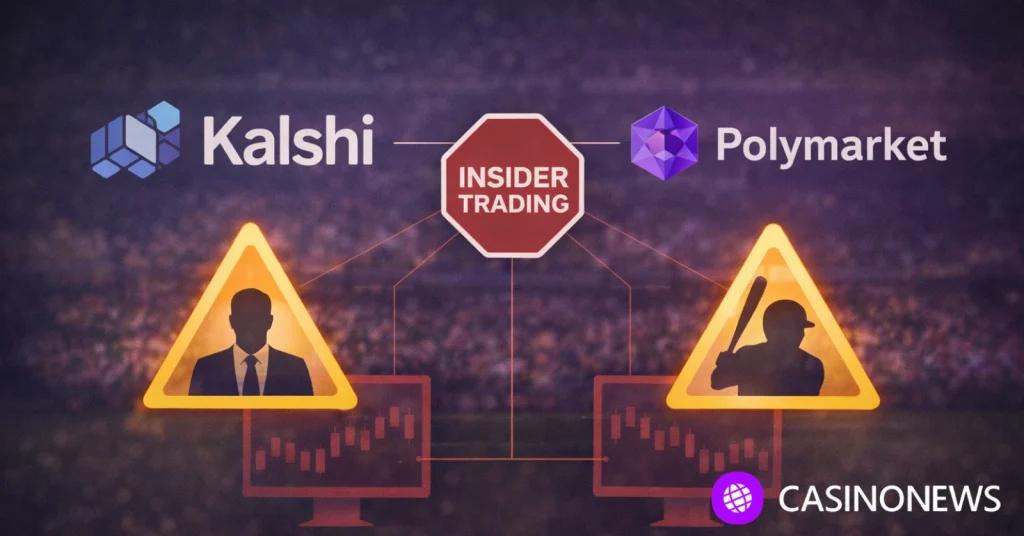 Kalshi and Polymarket logos alongside insider trading warning symbols and market surveillance graphics, illustrating the platforms’ tighter anti-insider trading rules.