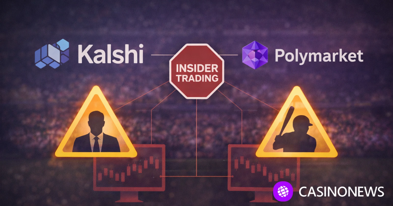 Kalshi and Polymarket logos alongside insider trading warning symbols and market surveillance graphics, illustrating the platforms’ tighter anti-insider trading rules.