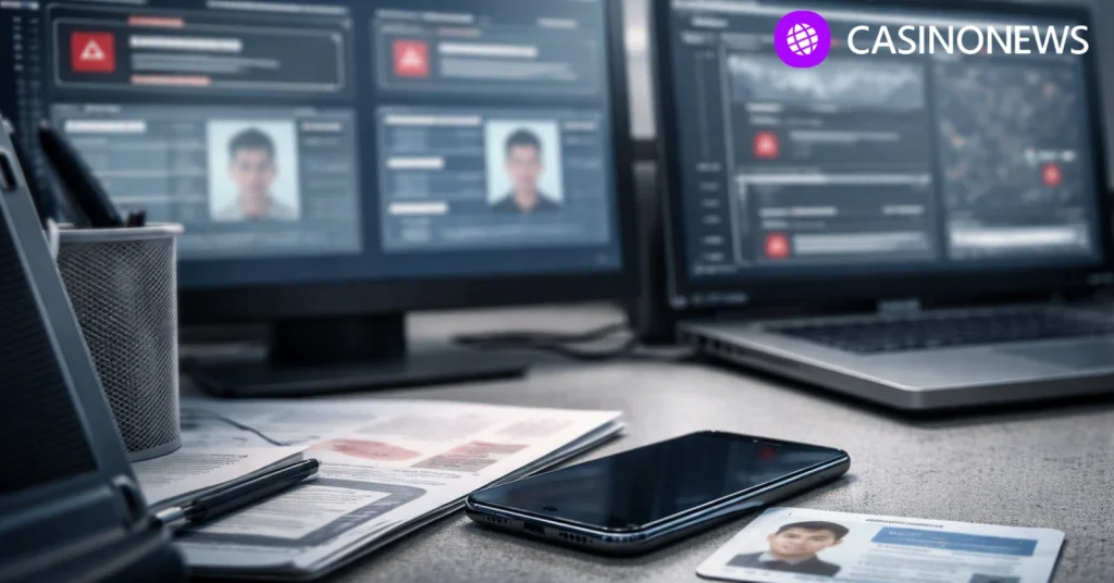 Compliance desk with smartphone and ID card as monitoring screens flag suspicious sportsbook activity
