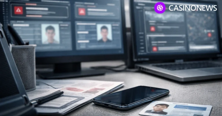 Compliance desk with smartphone and ID card as monitoring screens flag suspicious sportsbook activity