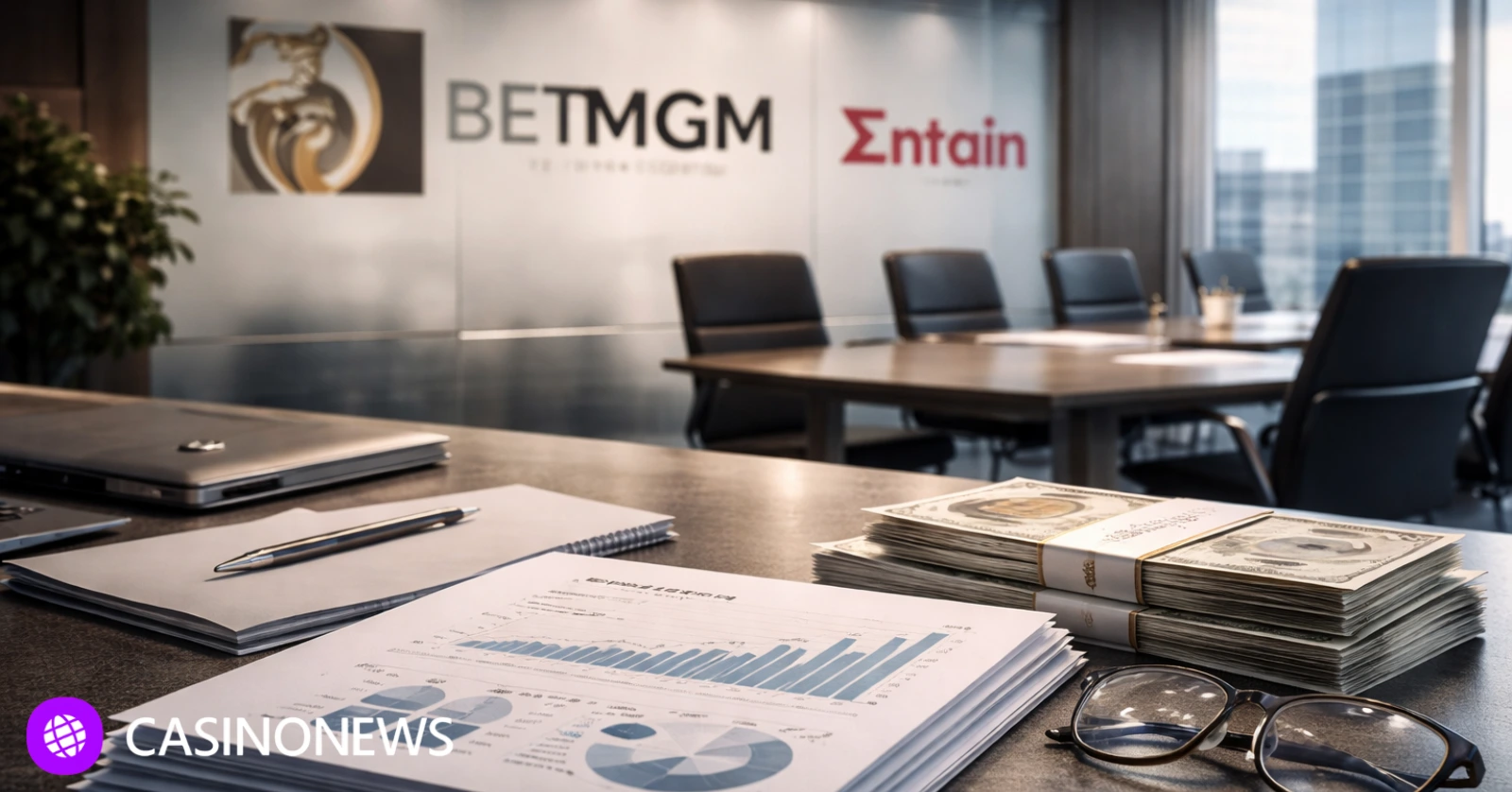 Corporate boardroom with financial reports and documents reflecting BetMGM profitability and cash distribution to parent companies