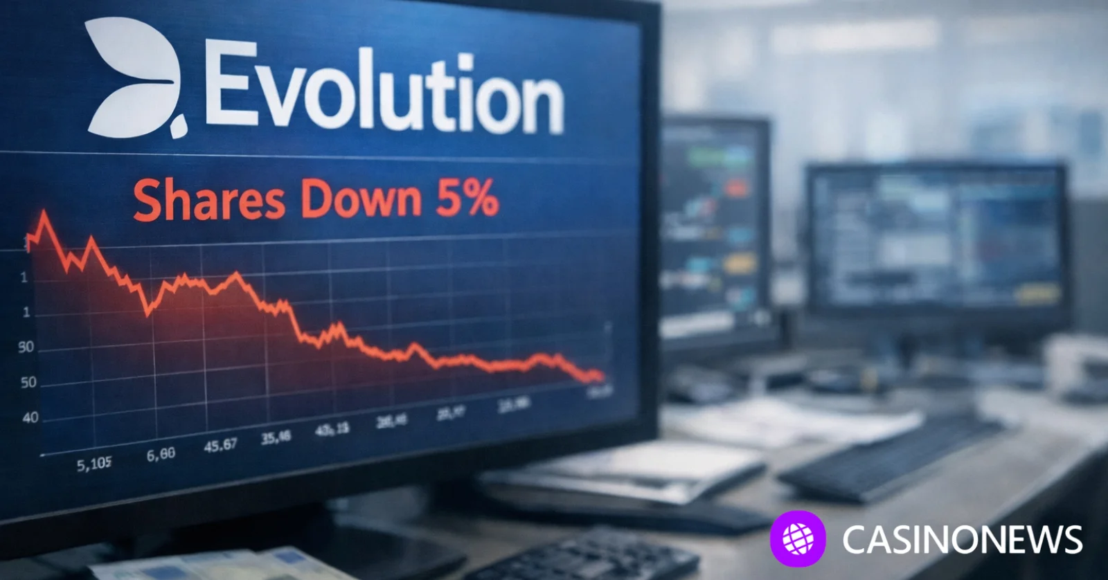 Monitor displays Evolution logo and “Shares Down 5%” with a falling chart on a desk in an office.