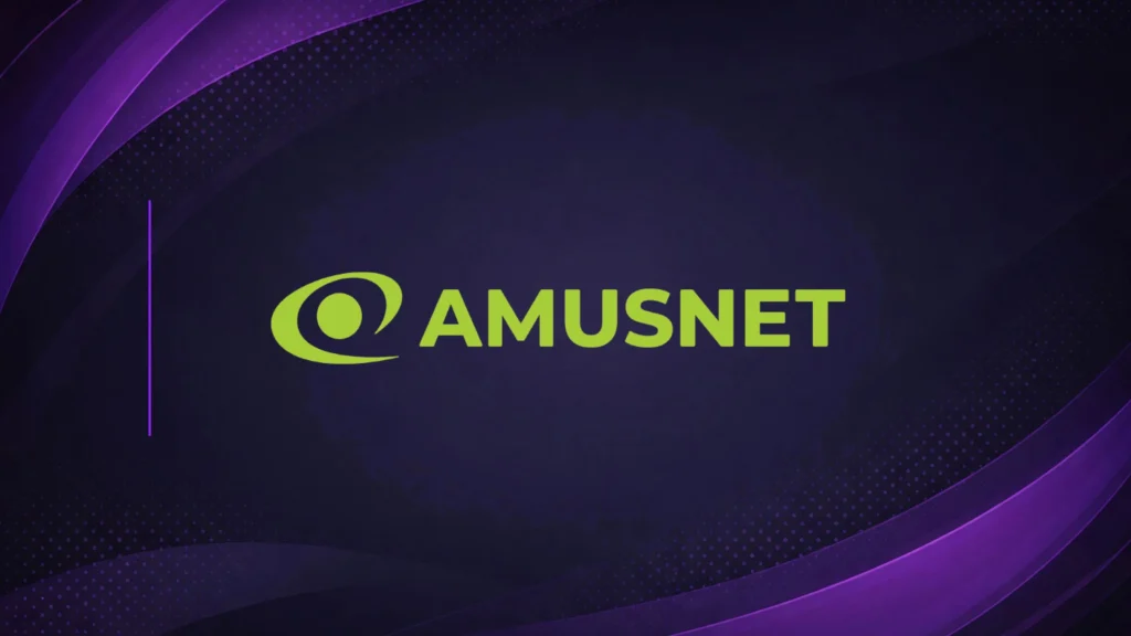 Amusnet logo in green text on dark purple abstract background.