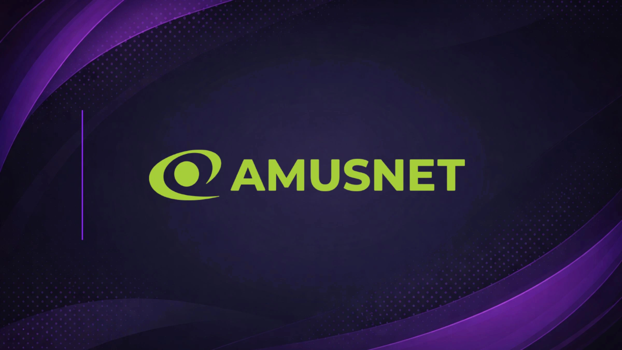 Amusnet logo in green text on dark purple abstract background.