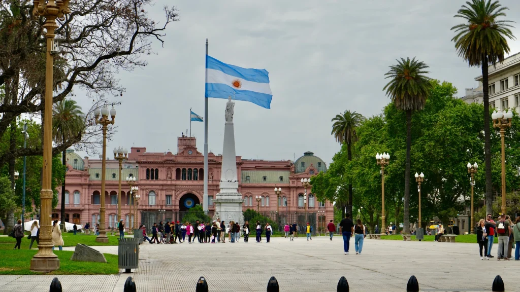 Argentinian flag flying in public square in front of government building