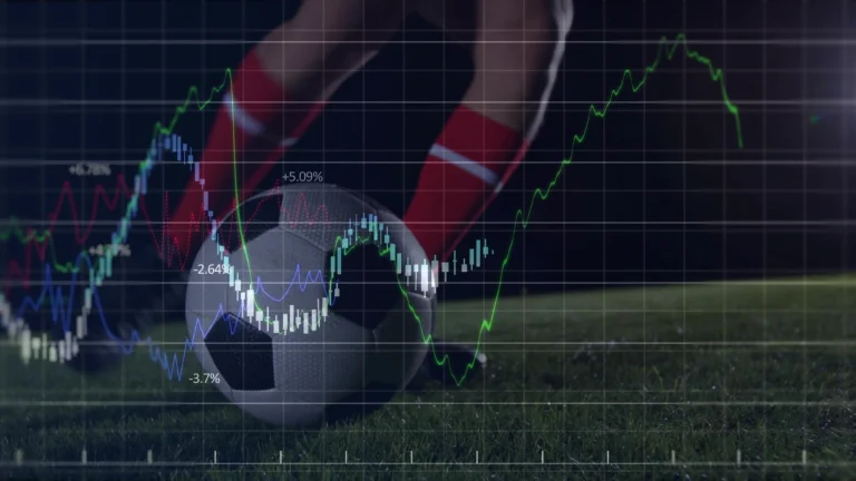 Soccer ball on field with betting market charts and financial data overlays