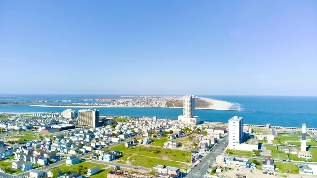 Aerial view of Atlantic City skyline and coastline with ocean