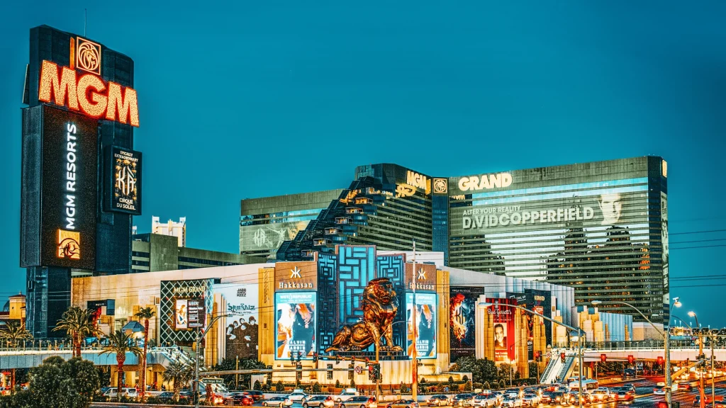 MGM Grand resort and casino illuminated at night on the Las Vegas Strip