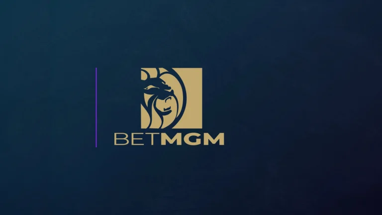 BetMGM logo with gold lion emblem and text displayed on dark blue background.