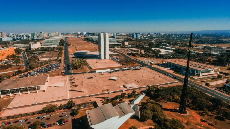 Aerial view of Brasília featuring the National Congress and government buildings along the Monumental Axis