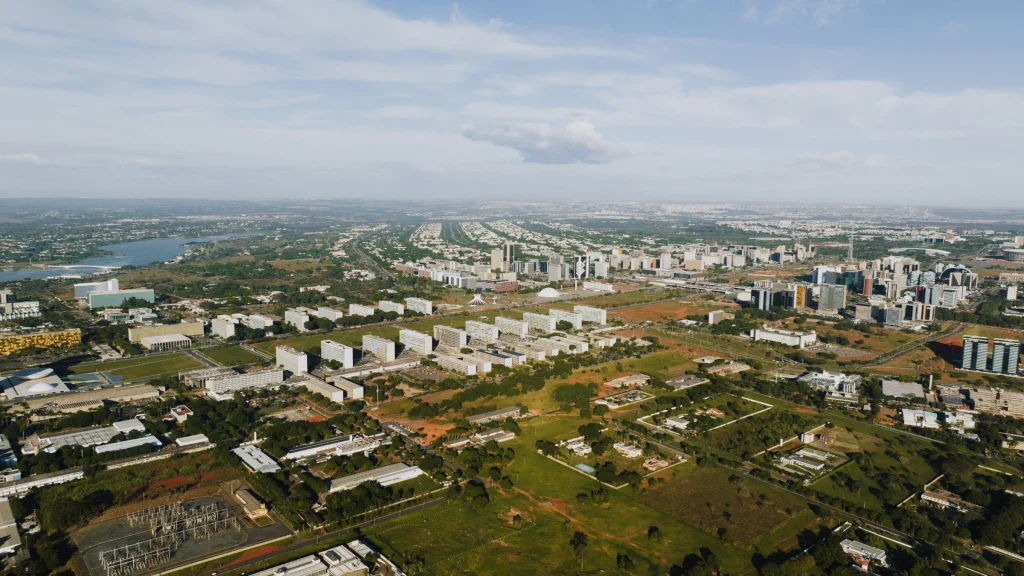 Aerial view of Brasília government district and surrounding urban development