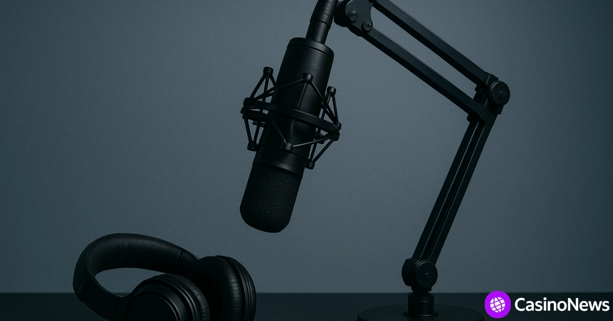 Studio microphone on boom arm with headphones on a dark desk, casino news branding in corner.