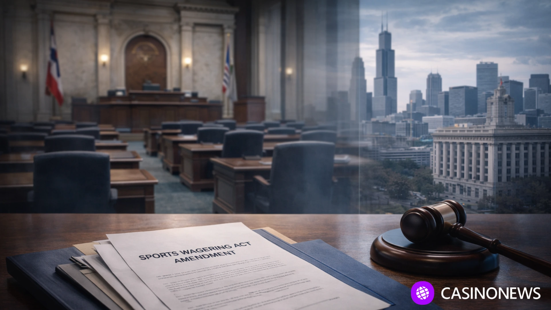 Illinois State Capitol chamber with legislative documents and gavel, symbolizing state action against Chicago sports betting tax plans.