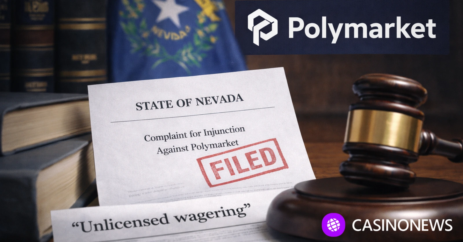 Nevada court document and judge’s gavel beside Polymarket logo in regulatory enforcement scene
