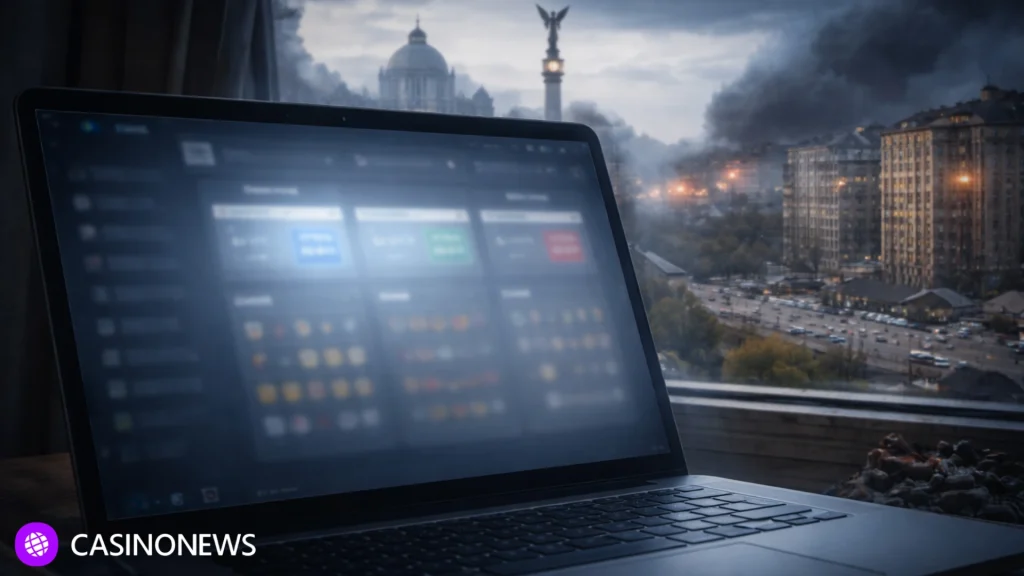 Laptop showing a prediction market interface fading out against a Kyiv city backdrop after Ukraine blocks access.