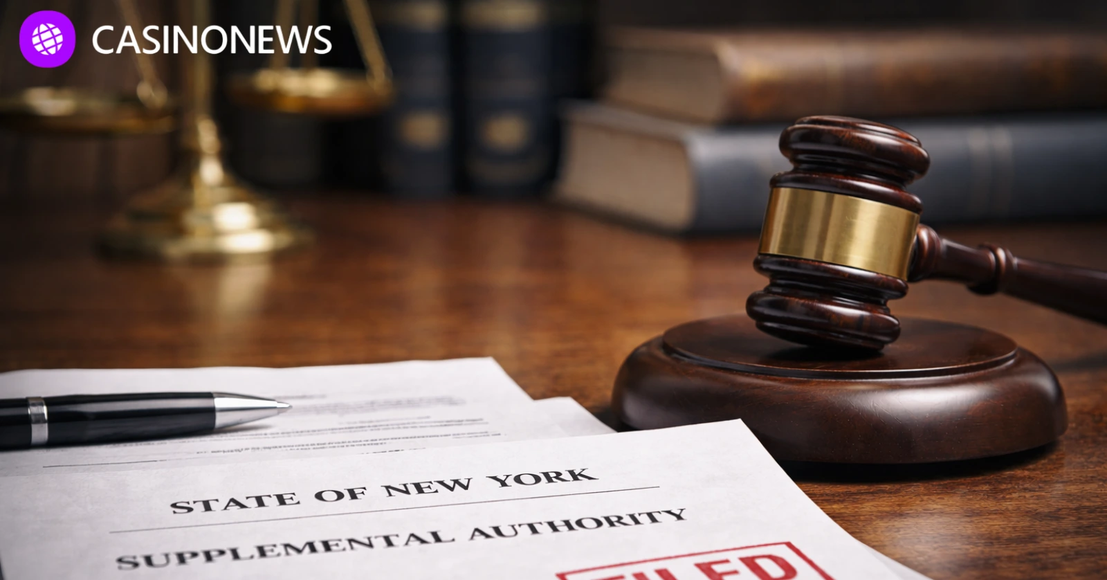 Judge’s gavel beside a court document referencing Kalshi in a legal proceeding setting.