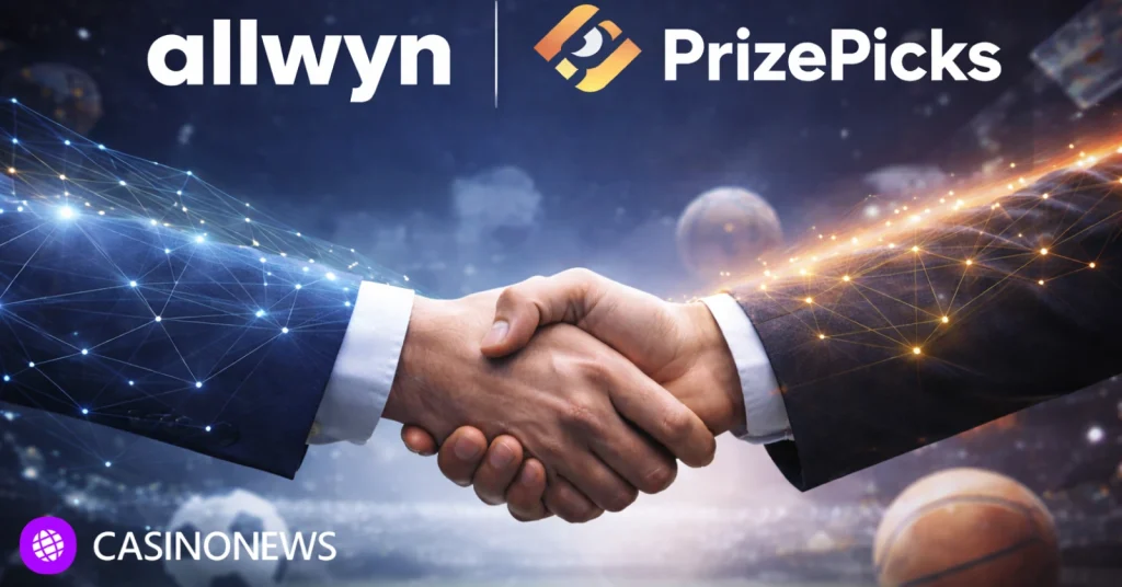 Handshake between Allwyn and PrizePicks logos symbolizing acquisition partnership