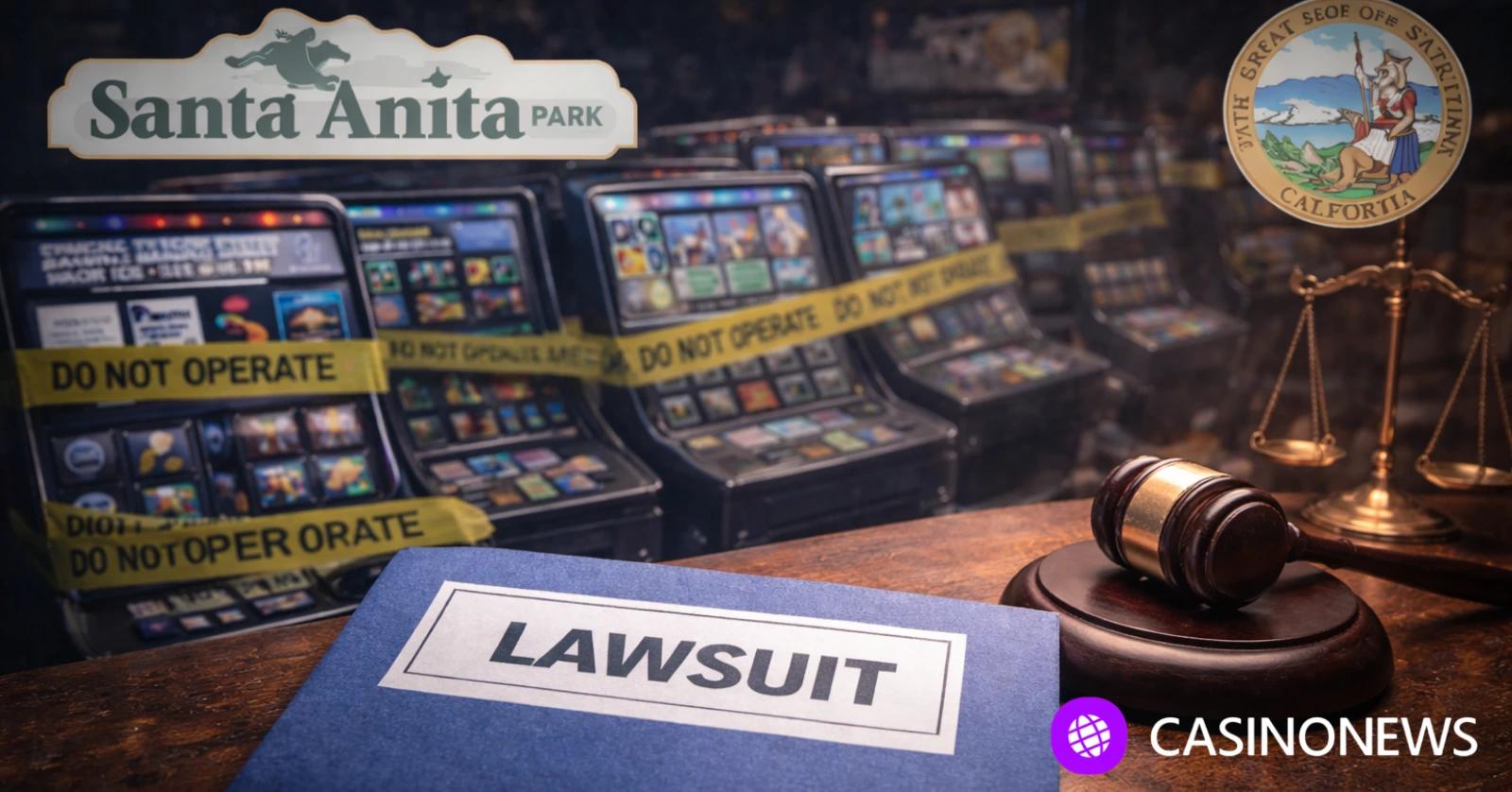 Lawsuit document and judge’s gavel in front of seized slot-style machines at Santa Anita Park.