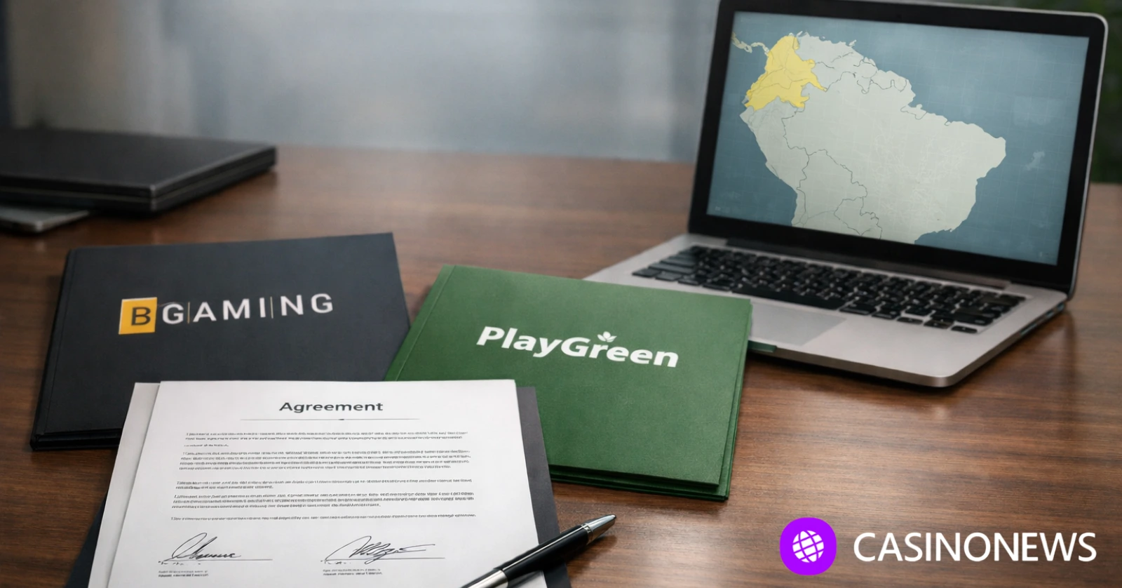 A laptop showing a casino game lobby beside a map of Ecuador and a signed partnership document on a desk.