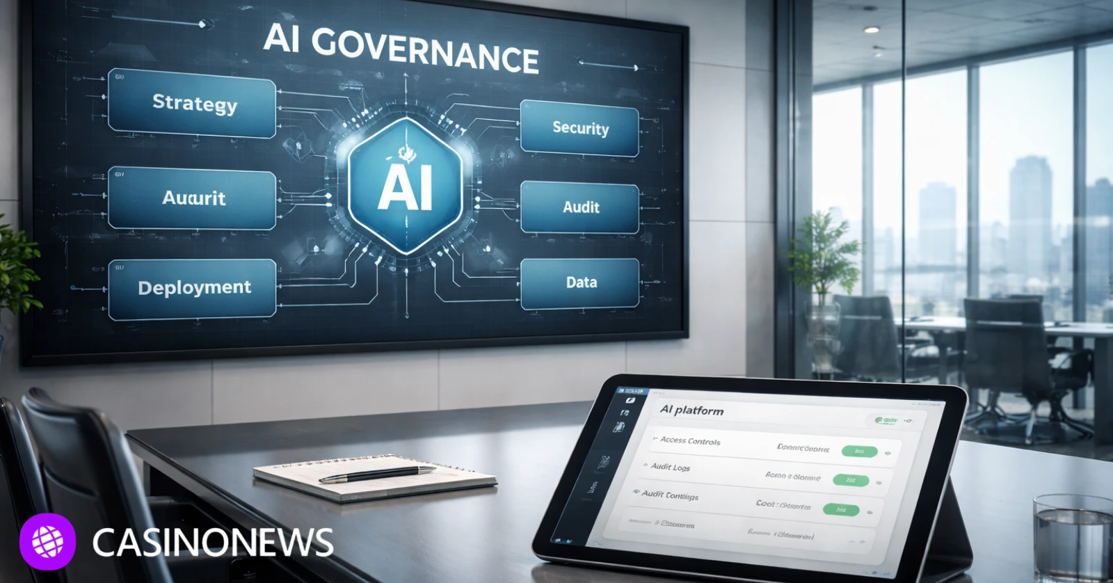 A corporate office scene with a wall display showing an AI governance framework and a tablet with a secure platform interface.