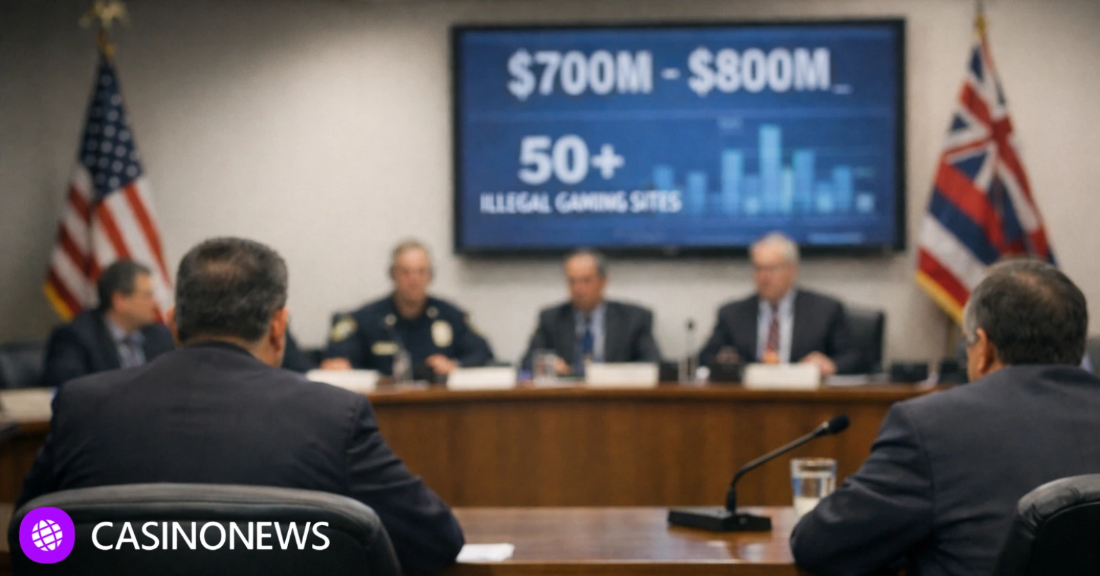 Hawaii legislative hearing room with officials and a screen showing estimates on illegal gambling activity.