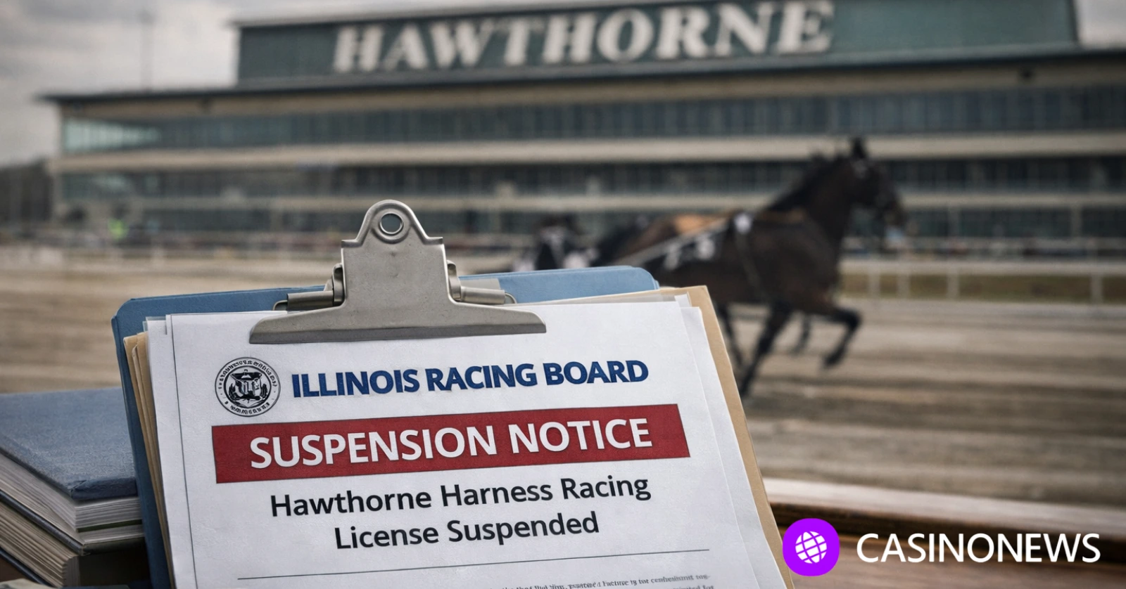 Illinois Racing Board suspension notice on a clipboard with Hawthorne Race Course and a harness horse blurred in the background.