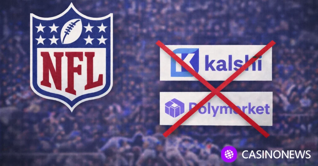 NFL shield logo beside crossed-out Kalshi and Polymarket logos over a blurred football stadium background