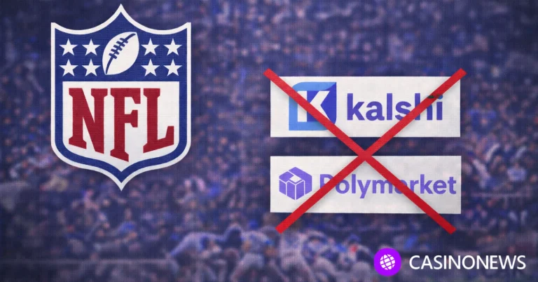 NFL shield logo beside crossed-out Kalshi and Polymarket logos over a blurred football stadium background
