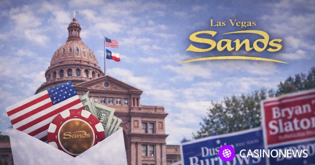 Texas State Capitol with campaign yard signs in foreground and an envelope of cash symbolizing political spending