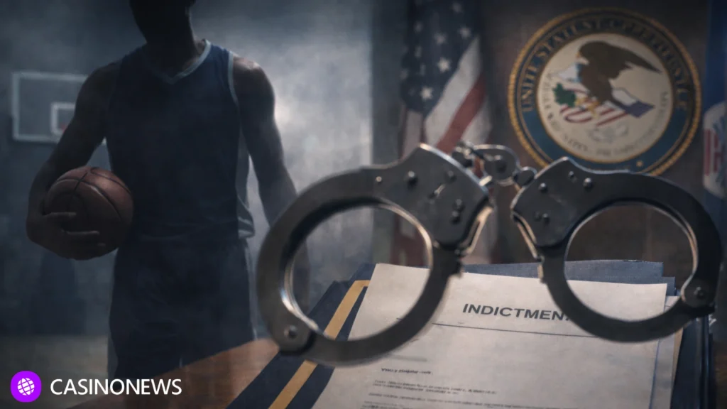 Handcuffs and an indictment file in the foreground with a blurred basketball court and player silhouette in the background.