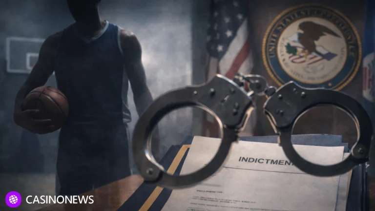 Handcuffs and an indictment file in the foreground with a blurred basketball court and player silhouette in the background.