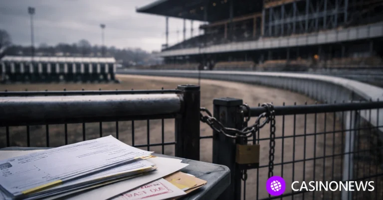 Closed horse racing track gate with unpaid checks in the foreground at Hawthorne Race Course.