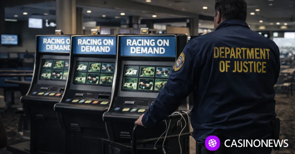 California DOJ officer removing slot-style wagering terminals from Santa Anita Park grandstand floor.