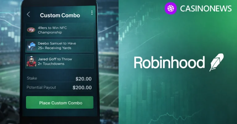 Smartphone screen showing Robinhood Custom Combo prediction market contract for a single football match.