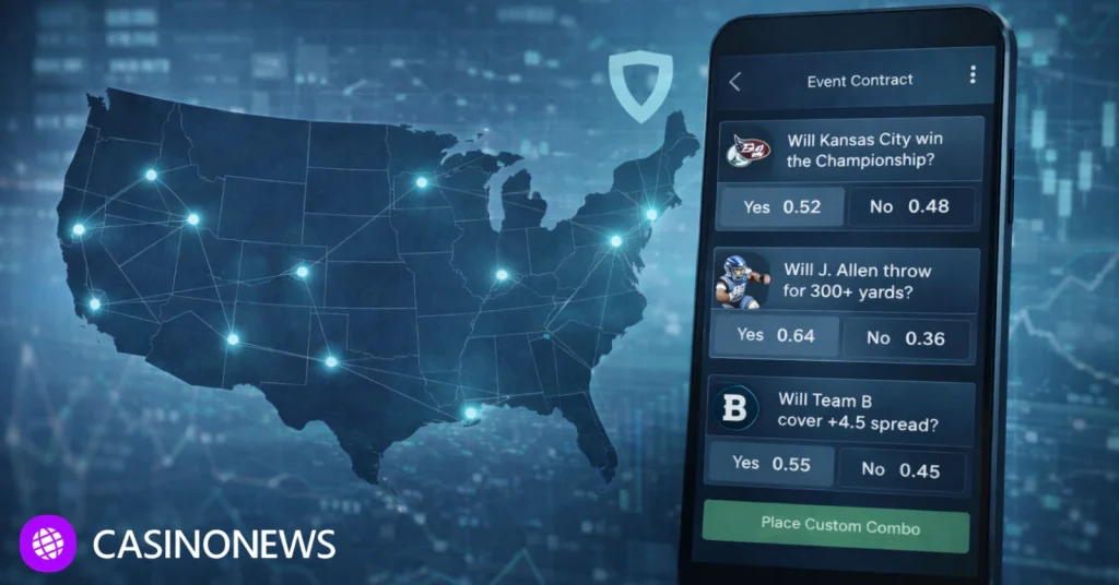 Map of the United States with a mobile screen showing FanDuel prediction market sports event contracts.