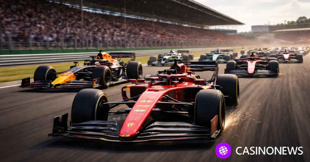 Formula 1 cars race side by side on a packed circuit, capturing the speed and intensity of a live Grand Prix.