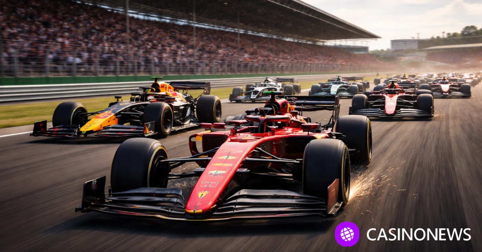 Formula 1 cars race side by side on a packed circuit, capturing the speed and intensity of a live Grand Prix.