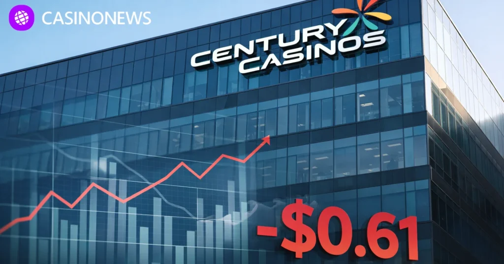 Century Casinos-branded office building with a financial chart overlay and highlighted negative $0.61 per share figure