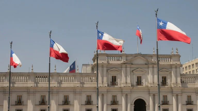 Chilean national flags outside government building during discussions on gaming regulation