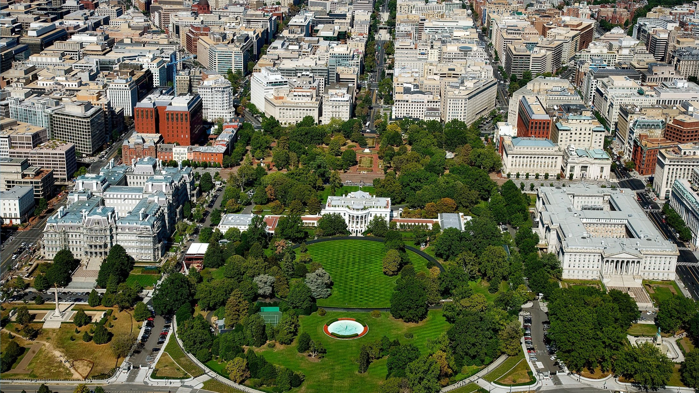 Aerial view of White House and federal government buildings in Washington DC