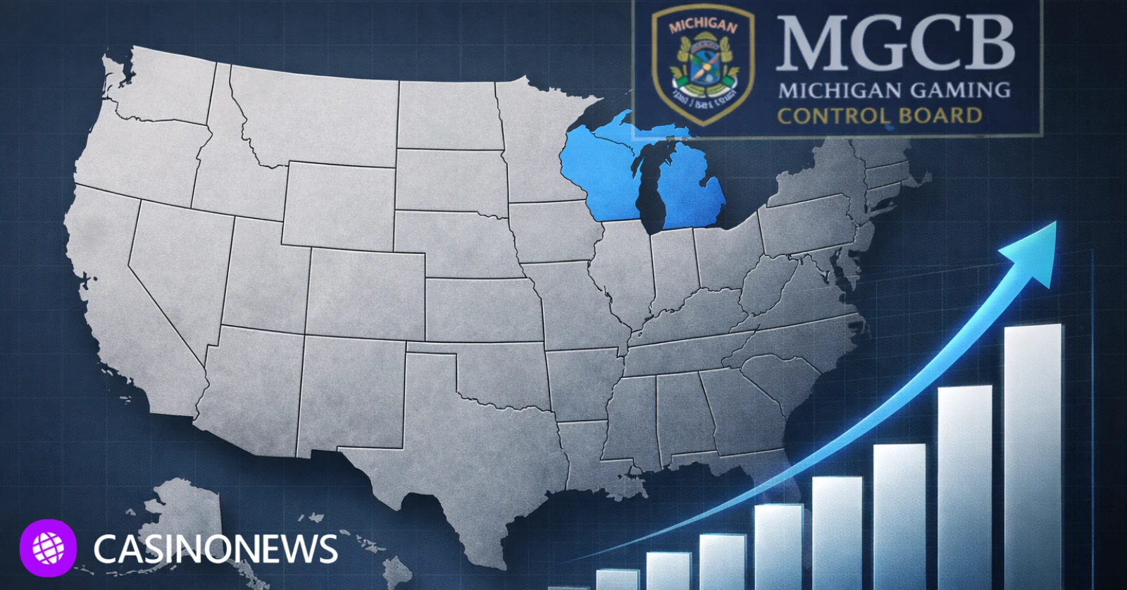 Map of the United States highlighting Michigan with rising iGaming revenue graph