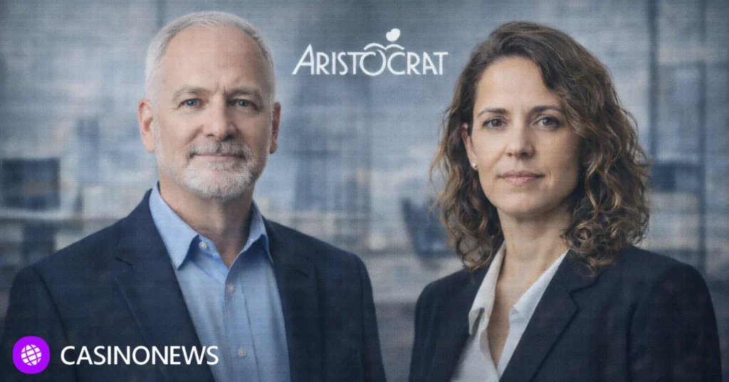 Two executives in business attire standing in a modern office with an Aristocrat logo in the background.