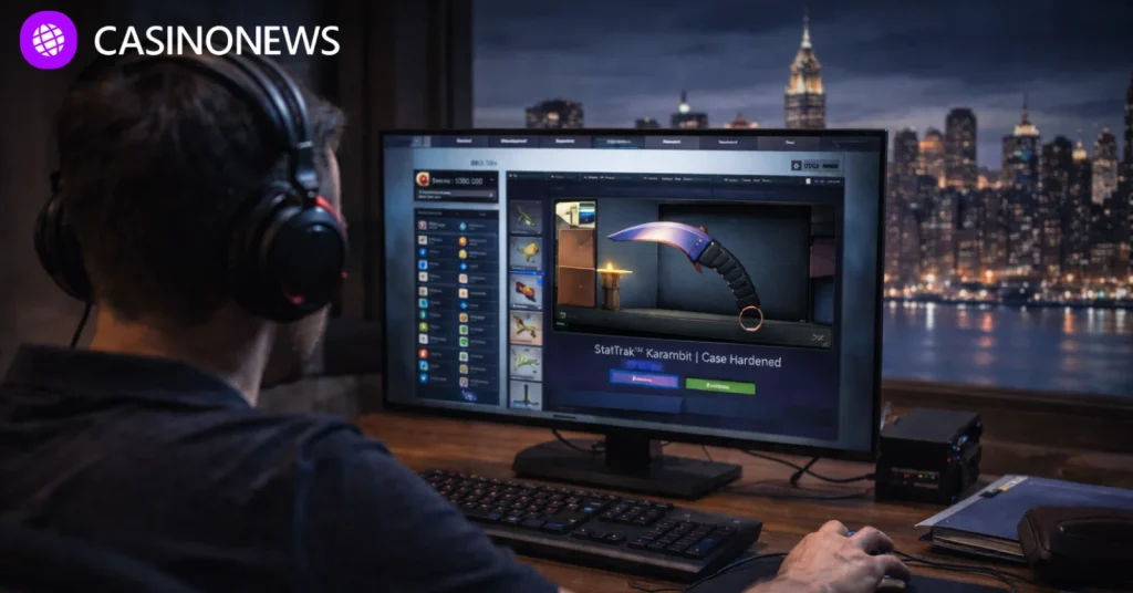 Man playing a video game on a desktop computer with the New York skyline visible outside, representing the lawsuit over loot box gambling.