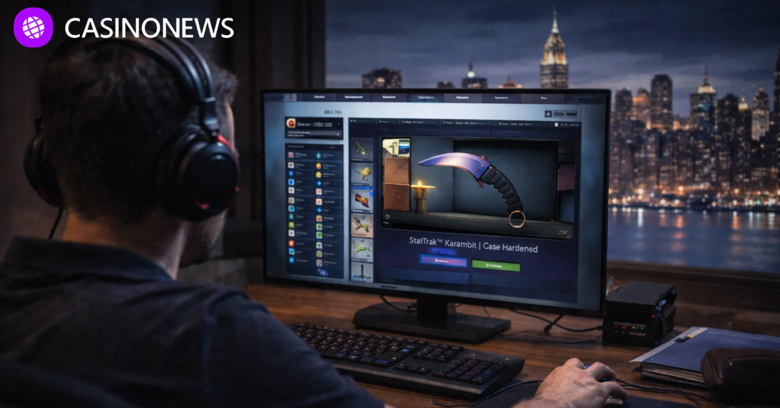 Man playing a video game on a desktop computer with the New York skyline visible outside, representing the lawsuit over loot box gambling.