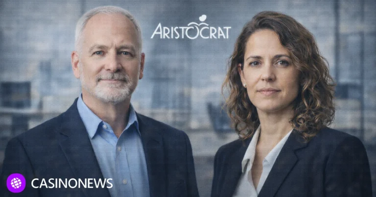 Two executives in business attire standing in a modern office with an Aristocrat logo in the background.