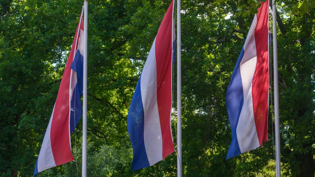 Dutch flags flying on flagpoles in a green park setting