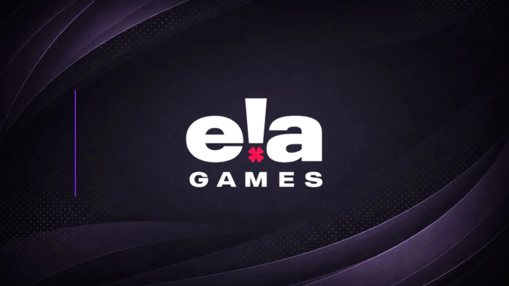 ELA Games corporate logo displayed on dark purple awards presentation background